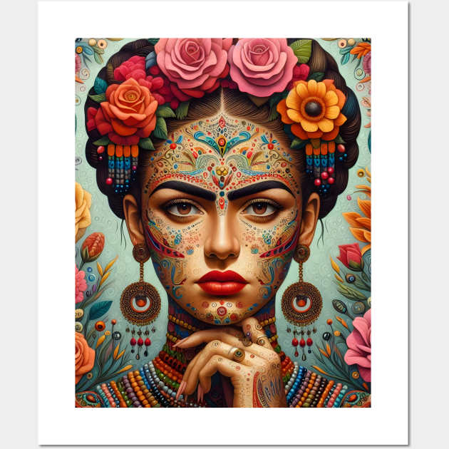 Latina woman folk art, frida kahlo looklike, flowers and tattoo Wall Art by theholisticprints